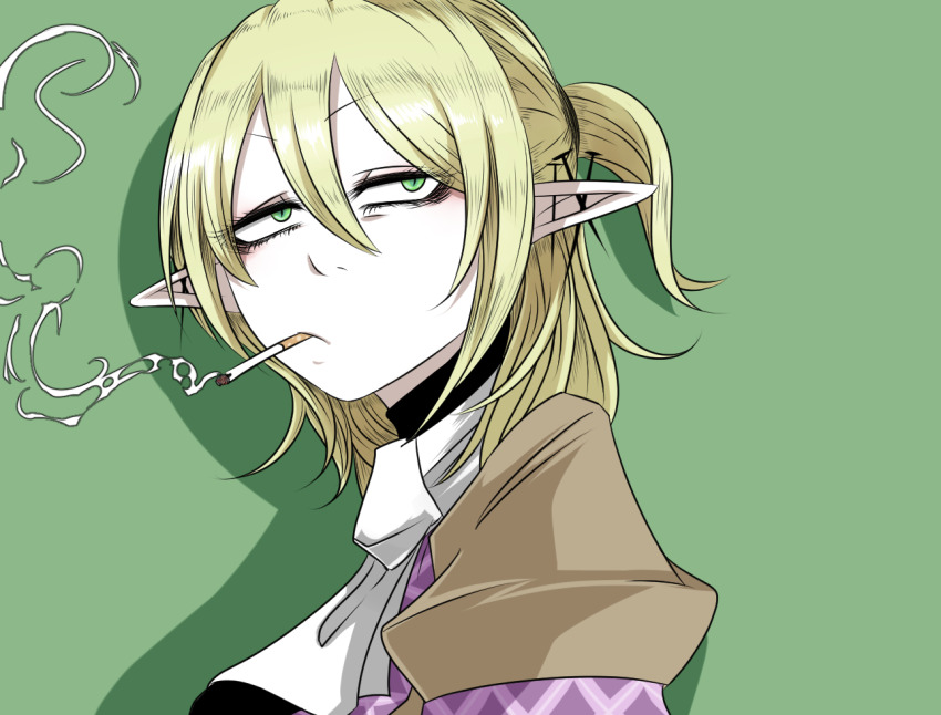 1girl bags_under_eyes blonde_hair brown_shirt cigarette commentary_request green_background green_eyes hair_between_eyes long_bangs looking_at_viewer looking_to_the_side mizuhashi_parsee nail_(hardware) pointy_ears ponytail scarf sei_no_ji shirt short_hair short_ponytail short_sleeves simple_background smoking solo spiked_ear_piercing touhou upper_body white_scarf