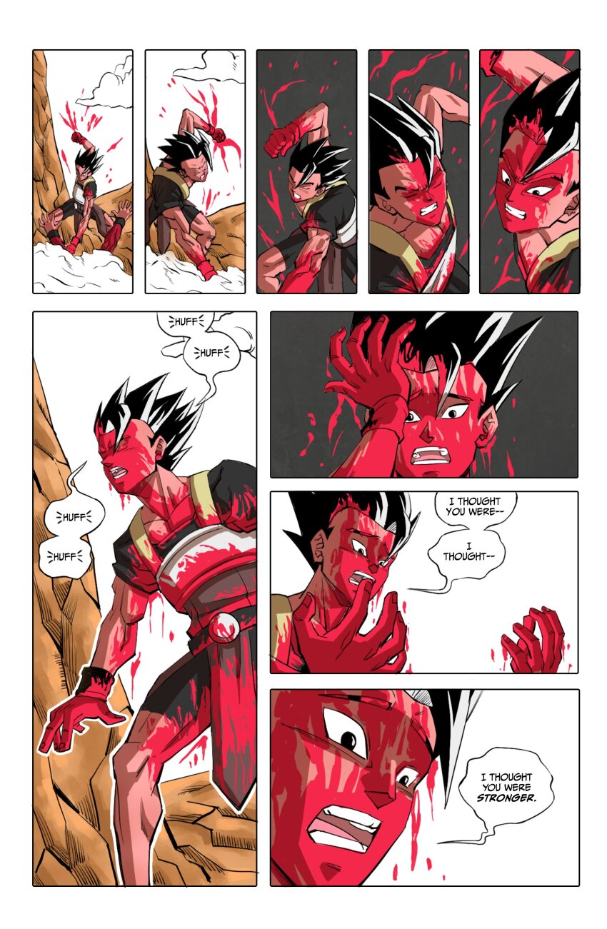 2boys absurdres after_battle alternate_color black_hair black_shirt black_shorts blood blood_drip blood_in_hair blood_on_arm blood_on_body blood_on_clothes blood_on_face blood_on_hands blood_on_leg blood_on_neck blood_on_pectorals cabba clenched_hand clenched_teeth closed_eyes cloud comic comic_panel_redraw commentary curtained_hair death derivative_work dragon_ball dragon_ball_gt dragon_ball_super english_commentary english_text feet_out_of_frame furrowed_brow gogeta highres in-franchise_crossover invincible_(series) looking_at_hands male_focus multiple_boys open_mouth out_of_frame outdoors pectorals punching saiyan_armor shirt short_sleeves shorts sky solo_focus speech_bubble spiked_hair super_saiyan super_saiyan_4 teeth toned toned_male tongue v-shaped_eyebrows white_sky zerooart