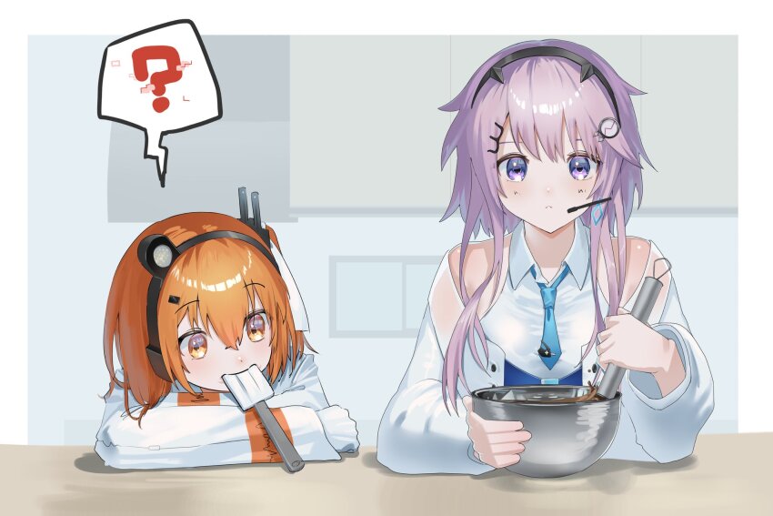 2girls ? a.i._voice adachi_rei blue_eyes blue_necktie breasts cevio chocolate collared_shirt fee_(cevio) gloves headlamp highres ice_cream_bar indoors jacket kaimu_(adachi_rei) long_sleeves microphone mouth_hold multiple_girls necktie orange_eyes orange_hair purple_hair radio_antenna shirt short_necktie spoken_question_mark table utau white_gloves white_jacket white_shirt wing_collar