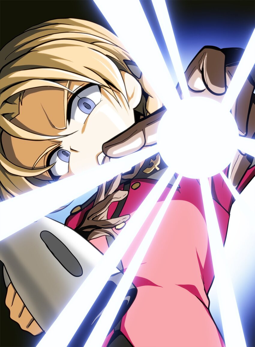 1girl blue_eyes braid energy_ball frown girls_und_panzer glaring glove_in_mouth gloves grimace highres holding holding_teapot jacket kamishima_kanon light_rays like_and_redraw_challenge long_sleeves looking_at_viewer military_uniform mouth_hold orange_hair orange_pekoe_(girls_und_panzer) parted_bangs red_jacket short_hair solo st._gloriana&#039;s_military_uniform teapot twin_braids upper_body
