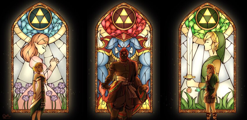 1girl 2boys beard blonde_hair blue_eyes breasts brown_hair dress elf facial_hair ganon ganondorf hat highres link looking_at_viewer multiple_boys nintendo pig pink_dress pointy_ears princess_zelda red_eyes red_hair serious sidelocks standing sword the_legend_of_zelda the_legend_of_zelda:_tears_of_the_kingdom the_legend_of_zelda_(nes) tiara triforce tunic weapon white_dress window wizard