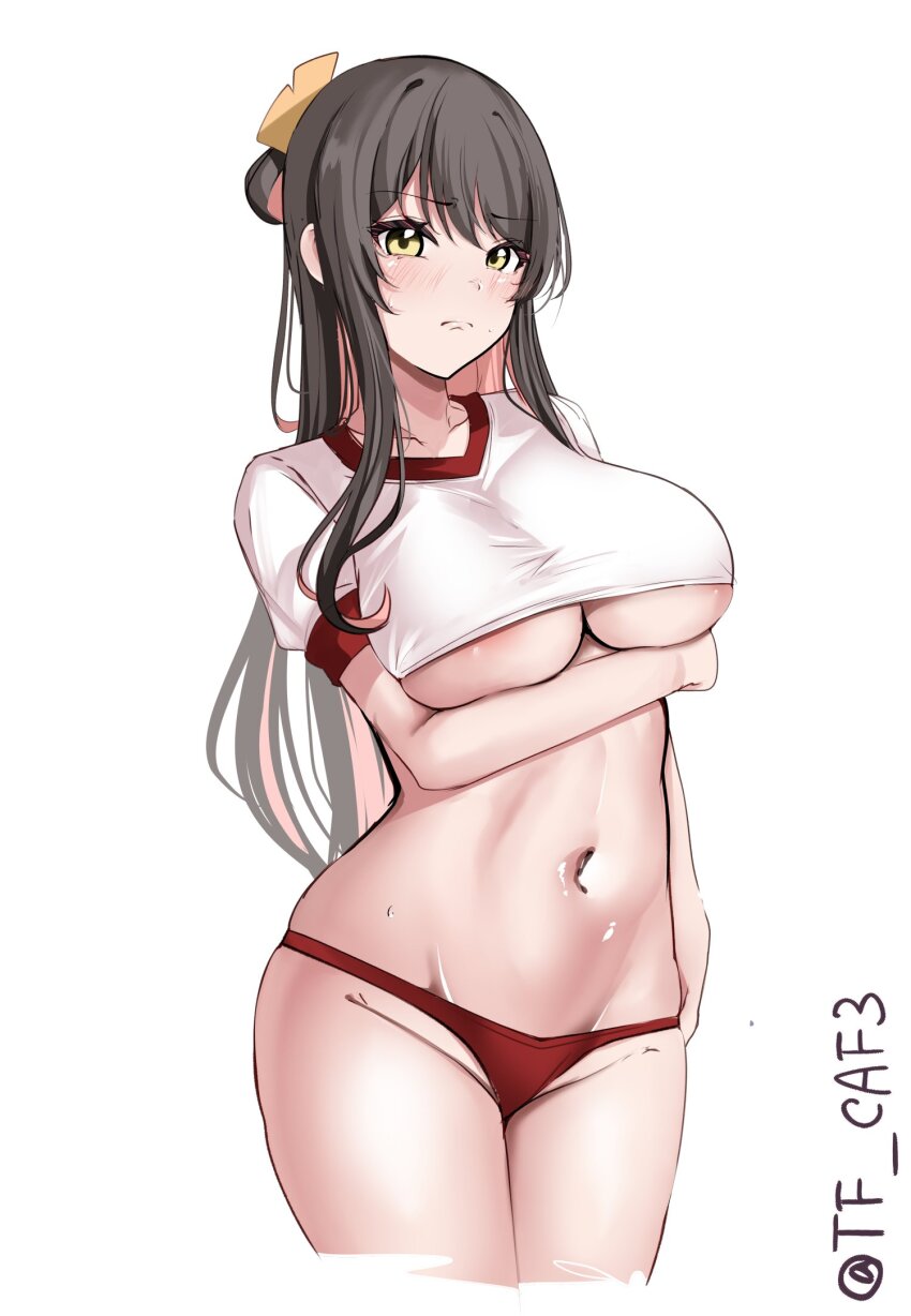 1girl aesop_carl black_hair blush bow breasts buruma gym_shirt gym_uniform hair_ribbon highres kantai_collection large_breasts long_hair looking_at_viewer multicolored_hair naganami_(kancolle) pink_hair red_buruma ribbon shirt short_sleeves simple_background solo tf_cafe twitter_username two-tone_hair wavy_hair white_background white_shirt yellow_eyes