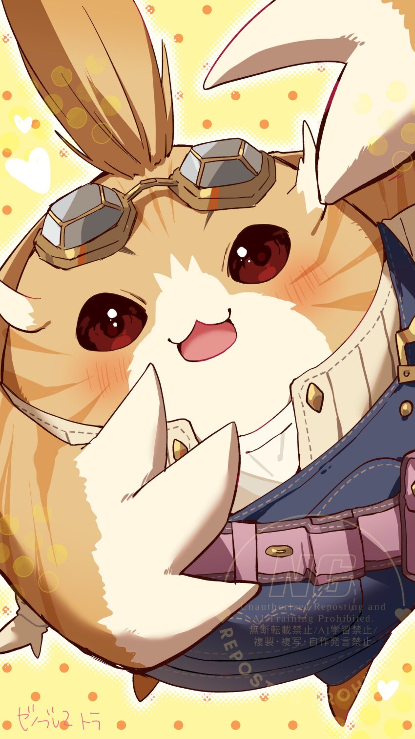 1boy :3 absurdres blue_overalls blush bochi_(5hxm) denim denim_overalls goggles goggles_on_head heart highres looking_at_viewer male_focus nopon open_mouth overalls red_eyes simple_background solo tora_(xenoblade_2) watermark xenoblade_chronicles_(series) xenoblade_chronicles_2