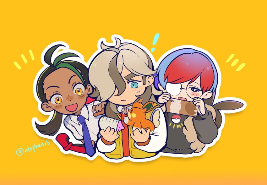 1boy 2girls :| arm_up arven_(pokemon) baby_bottle backpack bag black_hair black_sweater blue_eyes blue_hair blush bottle brown_hair cellphone clenched_hand closed_mouth collared_shirt cropped_torso dark-skinned_male dark_skin dot_nose glasses gloves green_hair hair_behind_ear hair_over_one_eye holding holding_bottle holding_phone holding_pokemon hover_hand iphone jacket long_sleeves looking_at_another multicolored_hair multiple_girls naranja_academy_school_uniform necktie nemona_(pokemon) nervous nintendo olopheris open_clothes open_jacket open_mouth orange_background orange_eyes orange_fur paw_up pawmi penny_(pokemon) phone poke_ball pokemon pokemon_(creature) pokemon_sv print_sweater purple_necktie raised_eyebrows red_gloves red_hair red_necktie rimless_eyewear round_eyewear school_uniform shirt simple_background single_glove sleeveless sleeveless_jacket smartphone streaked_hair sweater twitter_username uva_academy_school_uniform white_fur white_shirt yellow_jacket