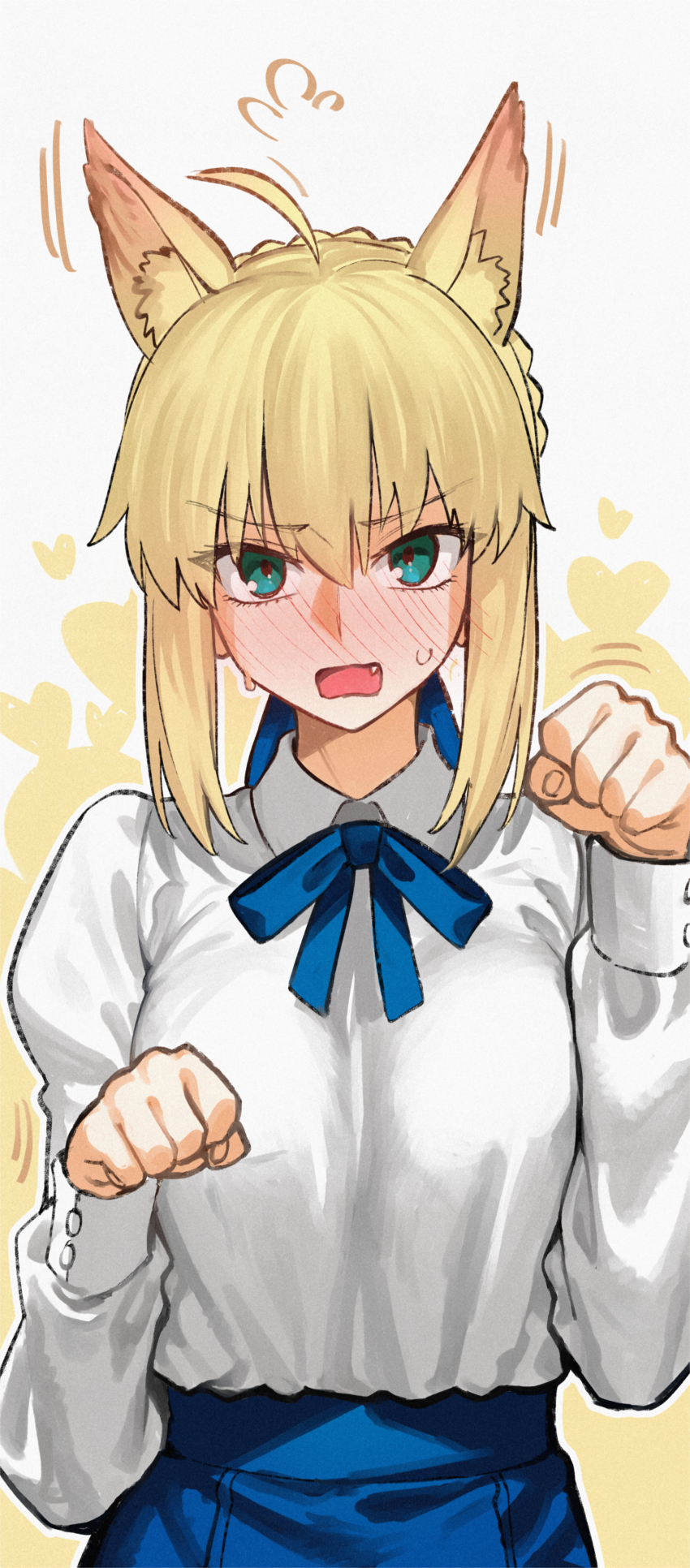 1girl absurdres ahoge animal_ear_fluff animal_ears artoria_pendragon_(fate) black_skirt blonde_hair blue_bow blue_bowtie blue_eyes blush bow bowtie braid breasts bun_with_braided_base cat_ears cat_girl collared_shirt extra_ears fang fate/stay_night fate_(series) hair_bun hands_up highres kamisato_sora kemonomimi_mode long_sleeves medium_breasts medium_hair nervous_sweating paw_pose saber_(fate) shirt shirt_tucked_in sidelocks single_hair_bun skirt solo sweat sweatdrop white_shirt
