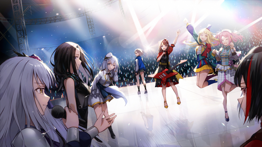 &gt;_&lt; 6+girls arm_up audience bang_dream! bang_dream!_it&#039;s_mygo!!!!! beret black_dress black_hair black_socks blonde_hair blue_eyes blue_jacket blush brown_eyes brown_hair chinese_commentary closed_mouth commentary_request cone_hair_bun dress electric_guitar from_behind glowstick grey_hair grey_skirt guitar hair_between_eyes hair_bun hat hcl_(hsiehdrew) highres holding holding_microphone instrument jacket jumping kurata_mashiro light_particles long_hair long_sleeves looking_at_viewer maruyama_aya medium_hair microphone minato_yukina multicolored_hair multiple_girls parted_lips penlight_(glowstick) pink_hair purple_eyes red_eyes red_hair shirt shoes short_hair short_sleeves skirt sleeveless sleeveless_shirt socks standing streaked_hair takamatsu_tomori toyama_kasumi tsurumaki_kokoro twintails wakana_rei white_hair white_hat white_jacket white_shoes white_skirt yellow_eyes yellow_shoes