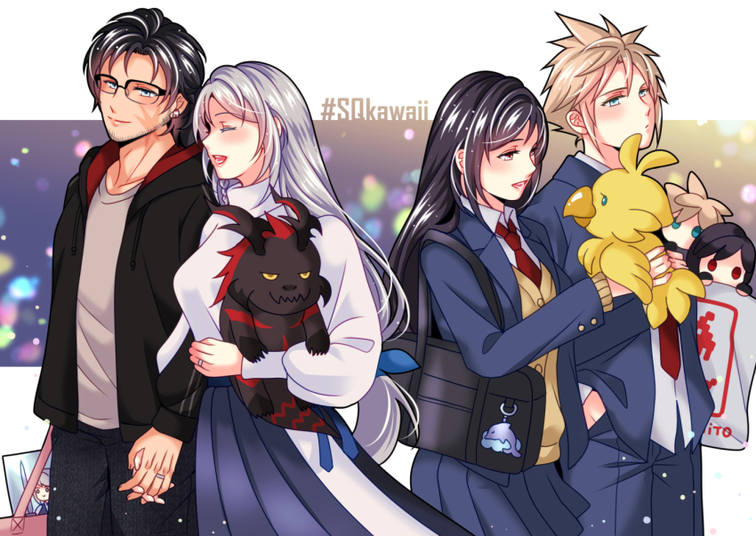 2boys 2girls alternate_universe babigonice bag black_hair black_jacket blonde_hair blue_eyes blue_jacket blue_pants blue_skirt blush casual character_doll chocobo clive_rosfield cloud_strife collared_shirt commentary contemporary couple cowboy_shot dolphin dress_shirt earrings facial_scar final_fantasy final_fantasy_vii final_fantasy_xvi glasses grey_hair grey_shirt holding holding_bag holding_hands holding_stuffed_toy ifrit_(final_fantasy) in-franchise_crossover jacket jewelry jill_warrick long_hair multiple_boys multiple_girls necktie open_clothes open_jacket open_mouth pants red_eyes red_necktie ring scar scar_on_cheek scar_on_face school_uniform shirt shopping_bag short_hair shoulder_bag skirt smile spiked_hair stuffed_toy sweater sweater_vest symbol-only_commentary three_quarter_view tifa_lockhart turtleneck turtleneck_sweater white_shirt white_sweater yellow_sweater_vest