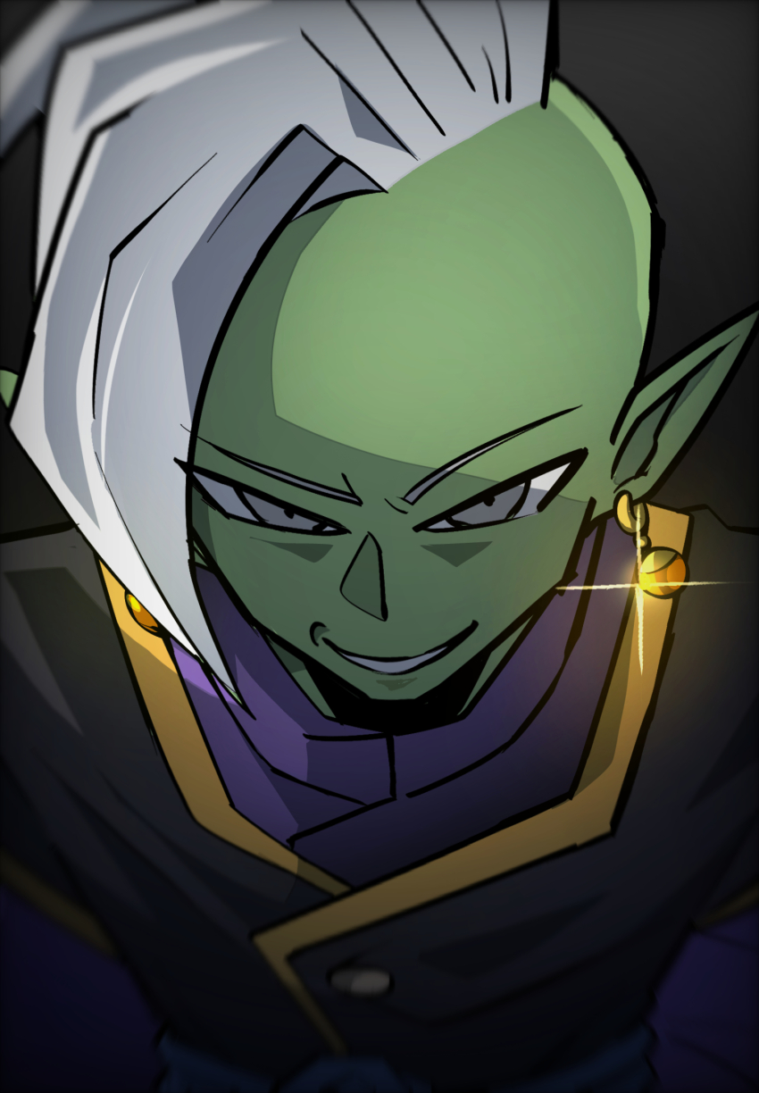 1boy blue_sash colored_skin dragon_ball dragon_ball_super earrings evil_grin evil_smile green_skin grey_eyes grin highres himazin100 jewelry long_sleeves looking_at_viewer looking_up mohawk pointy_ears potara_earrings purple_shirt sash shirt short_hair smile smirk solo white_hair zamasu