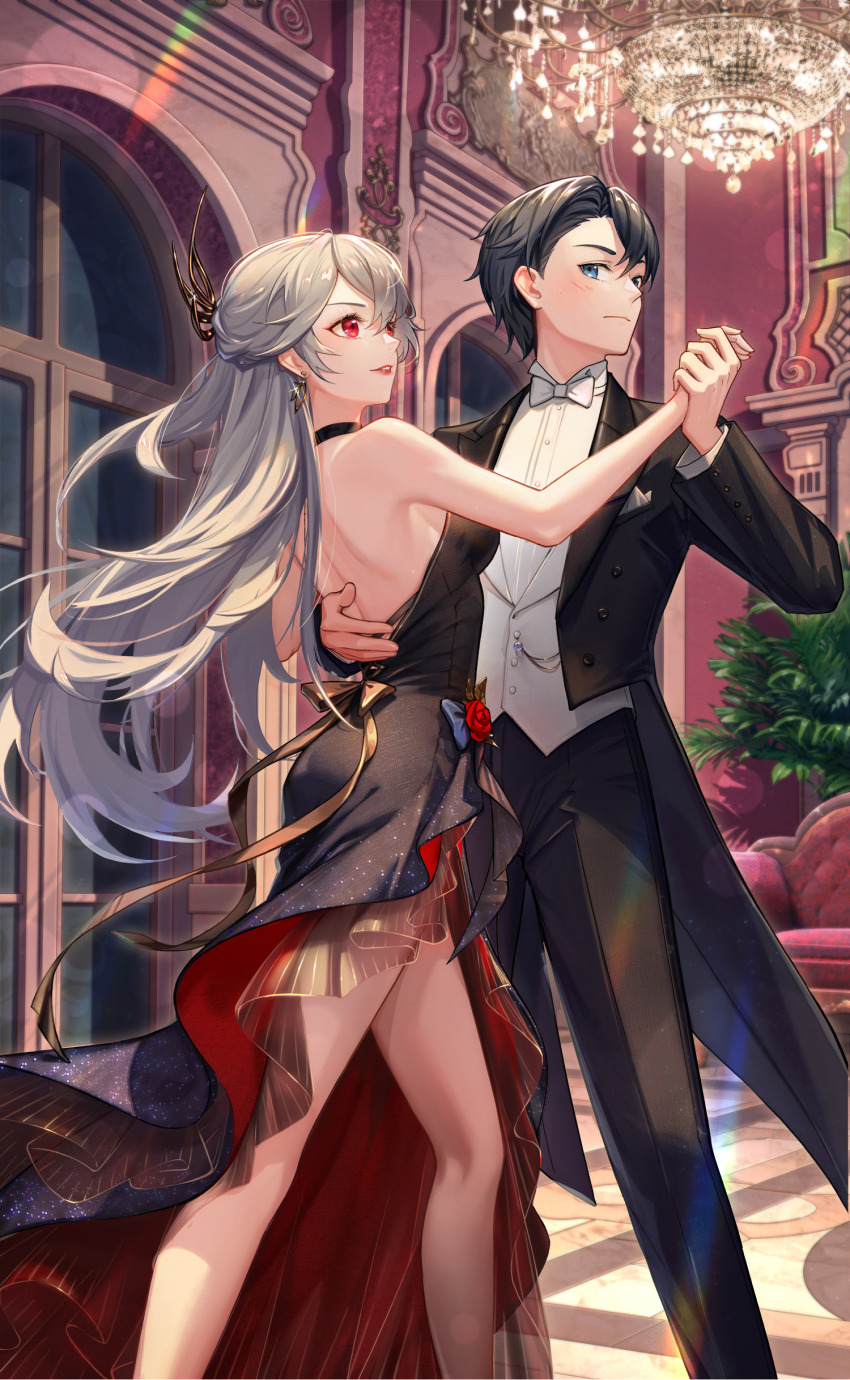 1boy 1girl absurdres backless_dress backless_outfit bare_shoulders black_dress blue_eyes breasts couple crazy_ones dancing dress formal_clothes gold_bow grey_hair highres large_breasts long_hair official_art protagonist_(crazy_ones) red_eyes suit xia_bing_(crazy_ones)