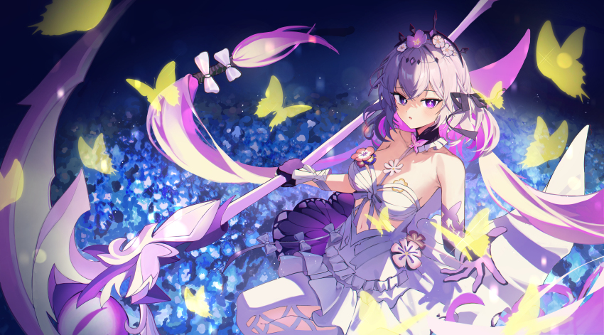 1girl absurdres bare_shoulders black_tiara breasts bug butterfly castorice_(honkai:_star_rail) chann837 dress field flower flower_field gloves hair_flower hair_ornament highres holding holding_scythe honkai:_star_rail honkai_(series) insect long_hair medium_breasts pantyhose purple_eyes purple_gloves purple_hair scythe solo tiara white_dress white_pantyhose