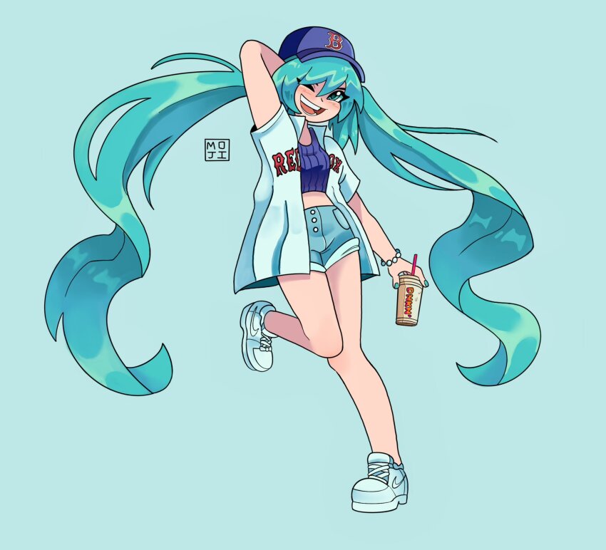 1girl :d aqua_eyes aqua_hair arm_behind_head arm_up artist_logo baseball_cap blue_background blue_shirt blush boston boston_red_sox coffee commentary crop_top cup denim denim_shorts disposable_cup drinking_straw dunkin&#039;_donuts english_commentary english_text full_body hair_between_eyes hat hatsune_miku highres holding holding_cup iced_coffee jersey logo long_hair looking_at_viewer massachusetts midriff mohjii nike_(company) open_clothes open_mouth open_shirt shirt shoelaces shoes short_shorts short_sleeves shorts simple_background smile sneakers solo standing standing_on_one_leg teeth twintails very_long_hair vocaloid white_shirt white_shoes worldwide_miku