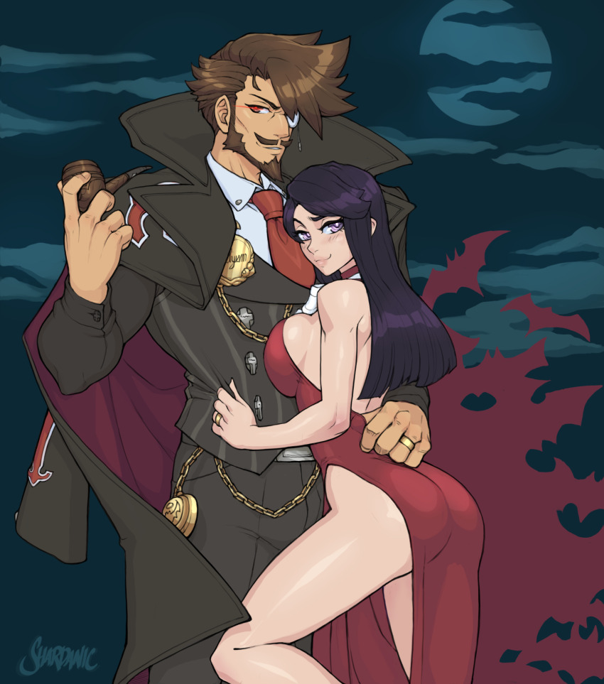 black_hair breasts brown_hair couple dress facial_hair formal_clothes goatee guilty_gear guilty_gear_strive highres hug moon muscular night original shardanic sharon_(guilty_gear) slayer_(guilty_gear) watch