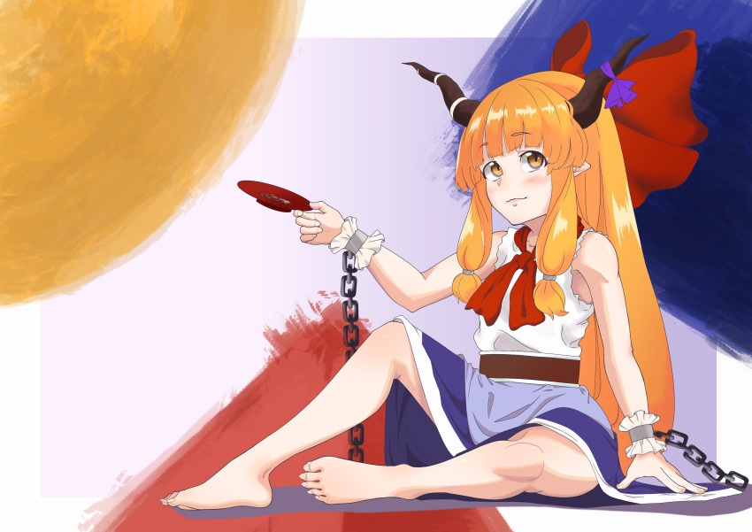 1girl absurdres alcohol barefoot belt bow bowtie brown_belt brown_horns chain closed_mouth cup full_body hair_bow highres holding holding_cup horn_bow horn_ornament horns ibuki_suika kurohiba long_hair looking_afar orange_eyes orange_hair purple_background purple_bow purple_skirt red_bow red_bowtie sakazuki sake shirt sidelocks skirt sleeveless sleeveless_shirt smile solo touhou very_long_hair white_shirt wrist_cuffs