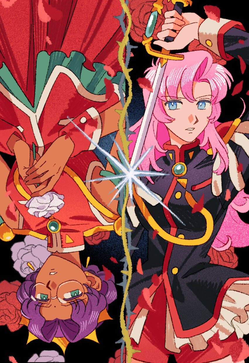 2girls arm_up black_jacket blue_eyes commentary dark-skinned_female dark_skin dress english_commentary epaulettes esther980174 flower glasses green_eyes highres himemiya_anthy holding holding_flower holding_sword holding_weapon jacket long_sleeves multiple_girls parted_lips pink_hair plant purple_hair red_dress red_flower red_petals red_rose red_shorts rose shorts shoujo_kakumei_utena sleeveless sleeveless_dress sword sword_of_dios tenjou_utena thorns vines weapon white_flower white_rose white_sleeve_cuffs