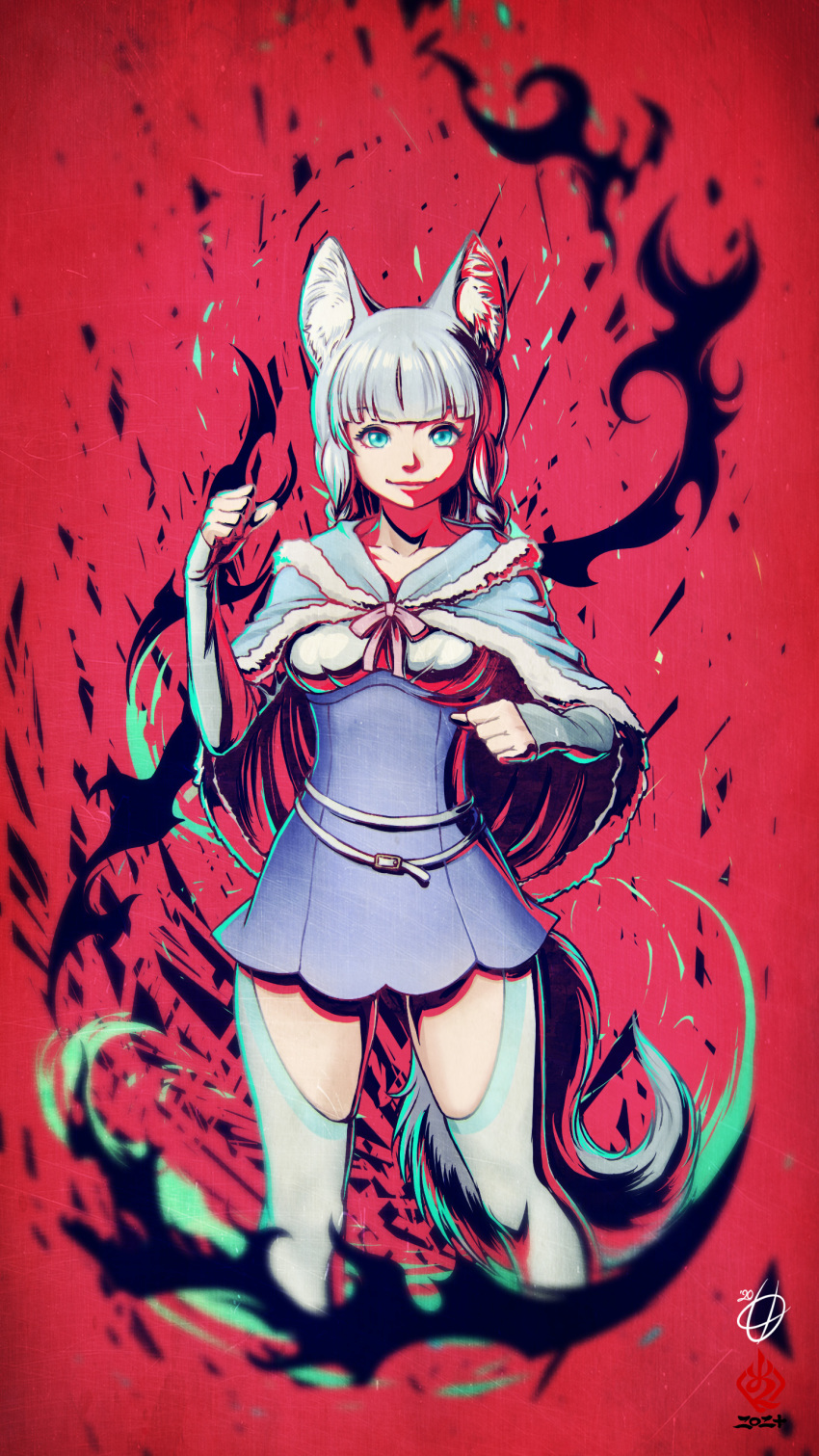 1girl absurdres animal_ear_fluff animal_ears blue_capelet blue_eyes blue_skirt blunt_bangs capelet closed_mouth collarbone cropped_legs fur-trimmed_capelet fur_trim hataage!_kemono_michi high-waist_skirt highres kanchiyo long_hair looking_at_viewer miniskirt neck_ribbon pink_ribbon red_background ribbon shigure_(kemonomichi) shirt silver_hair skirt smile solo standing tail very_long_hair white_legwear white_shirt wolf_ears wolf_tail