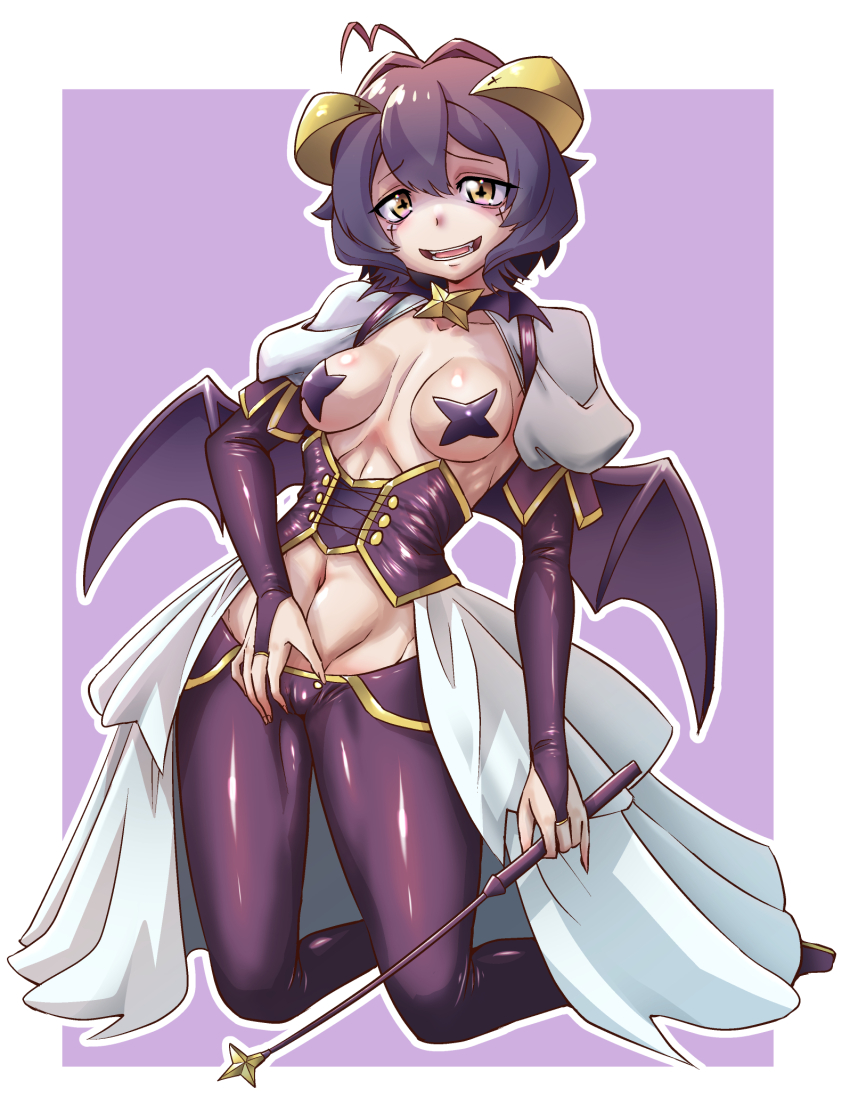 1girl antenna_hair arm_at_side bat_wings breasts cameltoe cape collarbone curled_horns demon_girl dot_nose elbow_gloves excited facial_mark female_focus fingerless_gloves full_body gloves hand_on_own_stomach highres hiiragi_utena horns kneeling looking_at_viewer lowleg lowleg_pants magia_baiser magical_girl mahou_shoujo_ni_akogarete medium_breasts medium_hair midriff navel open_mouth pants pasties petite purple_background purple_gloves purple_hair purple_pants purple_sash ranka16 sash shaded_face shrug_(clothing) simple_background smile solo star_(symbol) star_pasties teeth two-tone_background two-tone_sash waist_cape white_background white_cape white_shrug wings yellow_eyes yellow_sash