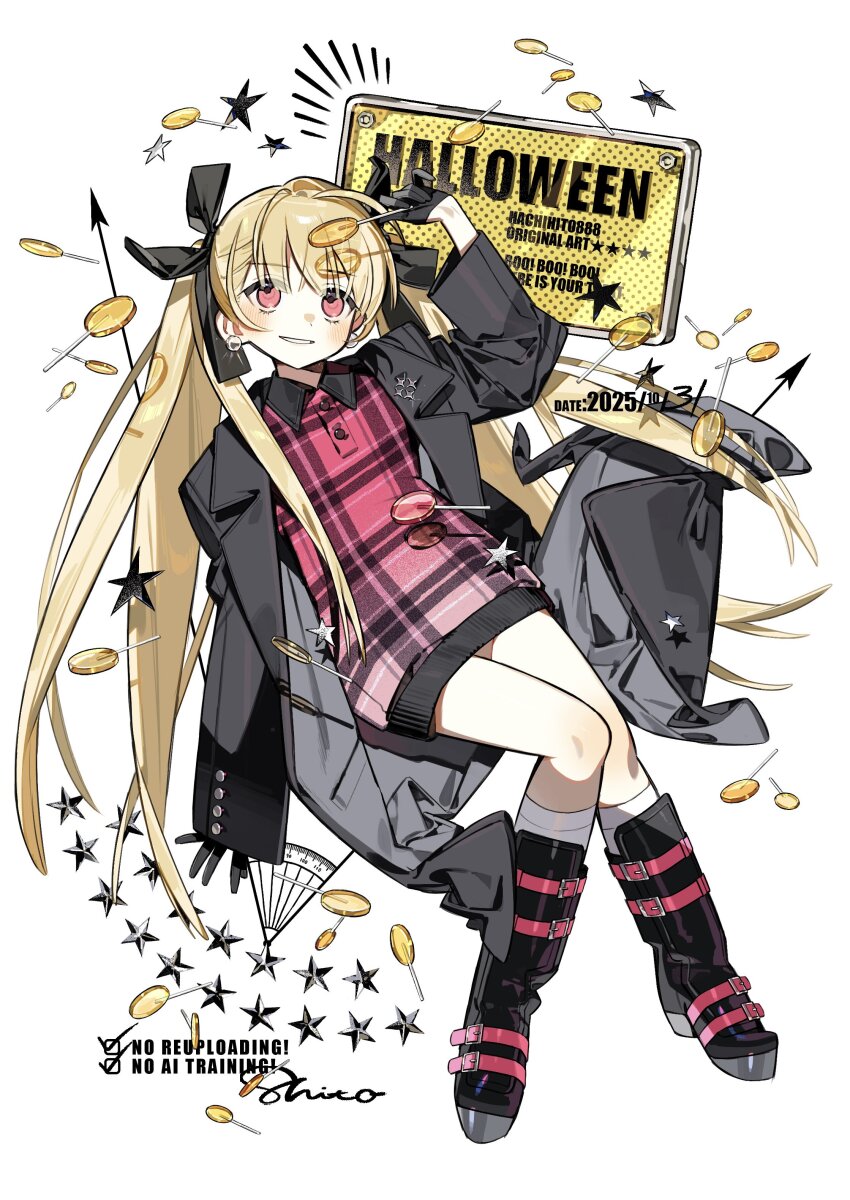 1girl absurdres artist_name black_coat black_gloves black_jacket black_ribbon black_shoes blonde_hair blush boots candy character_name coat coin collared_dress dress english_text food full_body gloves gold_coin hachihito hair_ribbon highres jacket knee_boots kneehighs lollipop long_hair long_sleeves open_clothes original pink_eyes plaid_clothes plaid_dress plaid_shirt platform_shoes red_eyes ribbon shirt shoes short_dress sign simple_background smile socks solo star_(symbol) twintails very_long_hair white_background white_socks