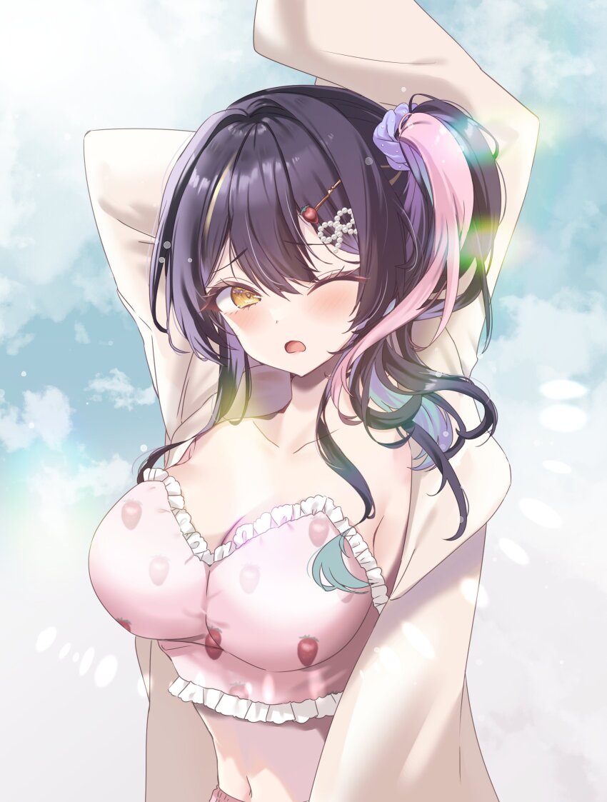 1girl absurdres blonde_hair blue_hair blush breasts commentary commission d; dot_nose english_commentary food_print frills fruit_print hair_intakes hair_ornament hair_scrunchie hairclip haruta_maki highres large_breasts lua_asuka multicolored_hair navel one_eye_closed open_mouth pink_hair production_kawaii purple_hair purple_scrunchie scrunchie second-party_source side_ponytail sidelocks solo strawberry_print streaked_hair virtual_youtuber yellow_eyes