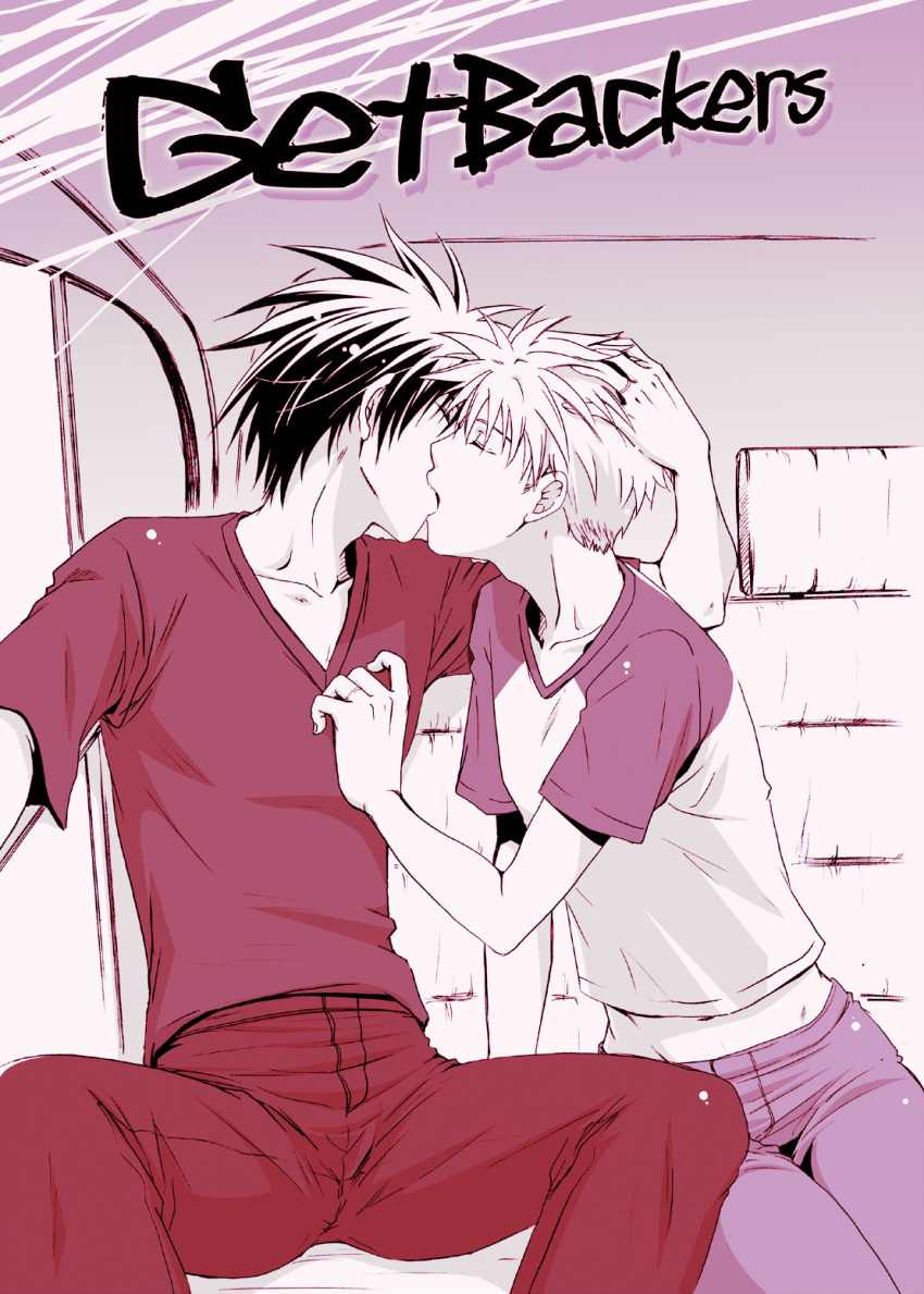 2boys amano_ginji black_hair couple getbackers highres kiss male_focus midou_ban multiple_boys pants short_hair vehicle white_hair yaoi