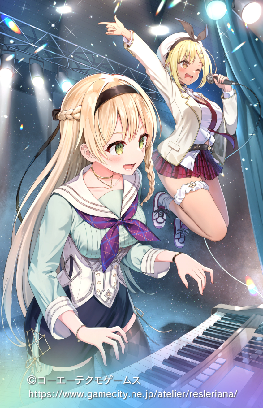 2girls ;d arm_up atelier_(series) atelier_resleriana atelier_ryza atelier_ryza_1 beret black_hairband black_skirt blonde_hair blush braid breasts brown_eyes brown_thighhighs commentary_request curtains green_shirt hair_ornament hairband hairclip hat highres holding holding_microphone instrument jacket jumping keyboard_(instrument) klaudia_valentz long_hair medium_breasts microphone multiple_girls necktie one_eye_closed open_clothes open_jacket open_mouth pleated_skirt red_necktie red_skirt reisalin_stout shirt skirt smile spotlight sune_(mugendai) thighhighs underbust very_long_hair watermark web_address white_hat white_jacket white_shirt