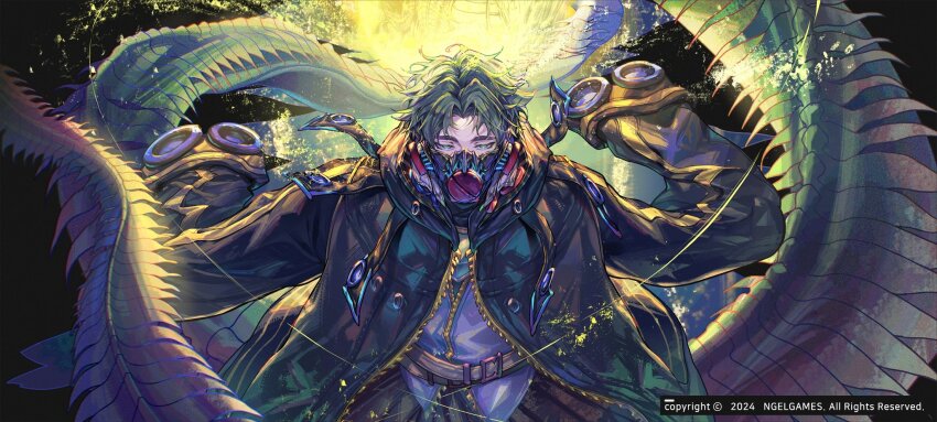 1boy belt black_background black_jacket coat coat_on_shoulders collared_jacket colored_extremities colored_eyelashes copyright_name floating_hair floating_sleeves game_cg glowing green_hair hanbok highres jacket korean_clothes lo_po_bia_traumerei long_sleeves looking_at_viewer male_focus mask monster mouth_mask official_art orb parted_bangs scales shaded_face shadow shinsoo_(tower_of_god) short_hair solo thick_eyebrows tower_of_god tower_of_god:_great_journey underlighting yaga zipper zipper_pull_tab