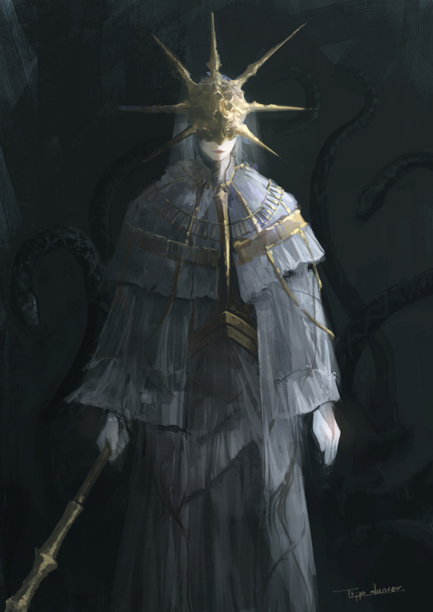 1boy animal artist_name black_background capelet closed_mouth dark_souls_(series) dark_souls_i dark_sun_gwyndolin dress gold_helmet grey_capelet grey_dress highres holding holding_staff pale_skin snake solo staff tripdancer
