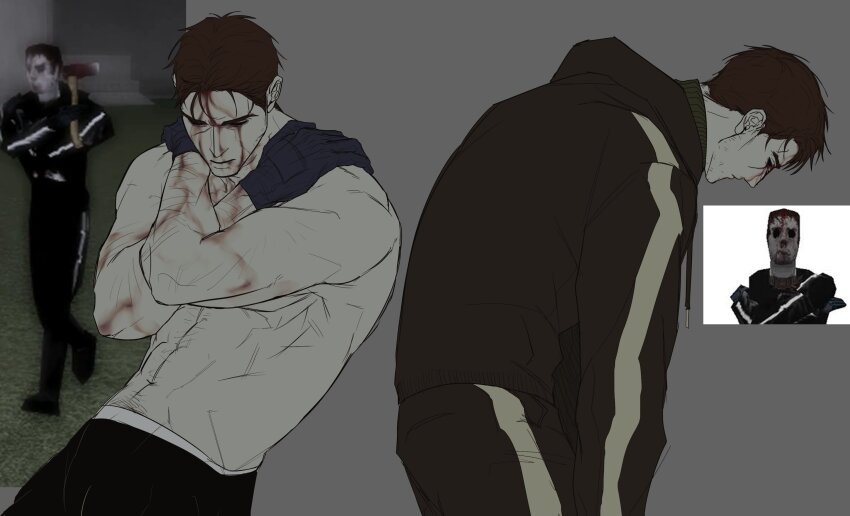 1boy :| abs absurdres afraid_of_monsters arm_hair black_gloves black_hoodie blood blood_from_forehead blood_on_arm blood_on_face brown_hair closed_mouth crossed_arms david_leatherhoff empty_eyes game_screenshot_inset gloves grey_background hands_on_own_shoulders highres hood hoodie ju-san male_underwear male_underwear_peek multiple_views no_shirt print_hoodie scar scar_on_face short_hair slouching the_addiction_(afraid_of_monsters) toned toned_male turtleneck underwear