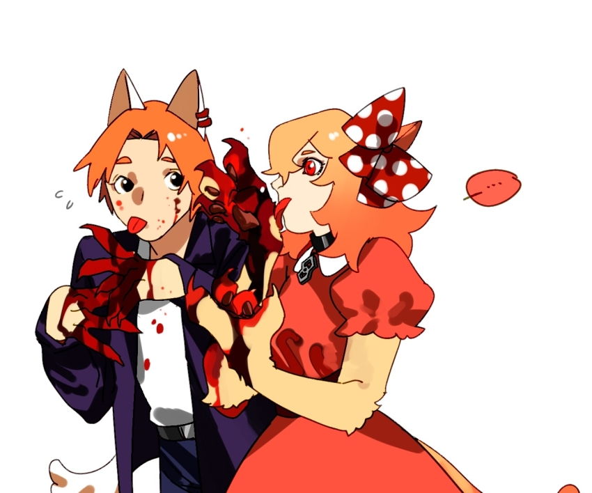 1boy 1girl aged_down alternate_costume alternate_eye_color alternate_hairstyle animal_ears animal_hands blood blood_on_clothes blood_on_face blood_on_hands blood_splatter bow cat_boy cat_ears cat_girl cat_tail claws collar dress ear_bow fate/grand_order fate/zero fate_(series) fujimaru_ritsuka_(female) licking orange_hair polka_dot polka_dot_bow puffy_short_sleeves puffy_sleeves red_dress red_eyes short_sleeves tail tongue uryuu_ryuunosuke whaaa000