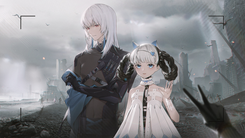 1boy 3girls absurdres android animal_ears argyle bambinata:_vitrum_(pgr) bambinata_(pgr) bare_shoulders battle beach bird black_hair black_sash blue_eyes blunt_bangs bodysuit braid braided_hair_rings building cat_ears chest_belt chinese_commentary collar collarbone commentary crossed_arms detached_collar doll_joints dress earrings expressionless eyeliner fake_animal_ears film_grain firing flat_chest freckles frilled_collar frills glowing glowing_eyes gradient_eyes gravel grey_bodysuit gun hair_ornament hair_rings hairclip hand_up heart heart-shaped_pupils heart_hair_ornament highres holding holding_gun holding_weapon igote jewelry joints light_blush light_smile linea_alba liv:_eclipse_(pgr) liv_(pgr) long_hair makeup mechabare mechanical_arms multicolored_eyes multicolored_hair multiple_girls official_art official_wallpaper ofuda_earrings overcast people petite pink_dress pov pov_hands punishing:_gray_raven red_eyeliner red_eyes ruins sash skin_tight sky skyscraper soldier sparks straight_hair symbol-shaped_pupils teasell_(pgr) toned toned_male two-tone_hair unworn_clothes v vanessa_(pgr) viewfinder war waves waving weapon white_collar white_dress white_hair xtears_kitsune