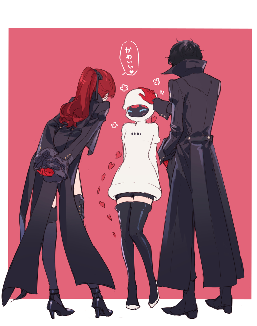 1boy 2girls absurdres amamiya_ren black_hair border closed_eyes gloves headpat high_heels highres hood hoodie jacket joker_(persona_5) long_hair long_sleeves multiple_girls persona persona_5 persona_5_scramble:_the_phantom_strikers persona_5_the_royal popped_collar red_hair sophia_(p5s) tagme thighhighs tsubsa_syaoin violet_(persona_5) white_border white_hoodie white_jacket yoshizawa_kasumi