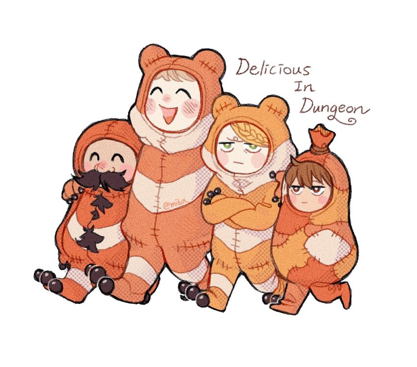 1girl 3boys :d ^_^ animal_costume beard black_hair blonde_hair blush_stickers braid brown_eyes brown_hair chibi chilchuck_tims closed_eyes commentary copyright_name crossed_arms dungeon_meshi english_commentary facial_hair frog_costume frown green_eyes half-closed_eyes hands_on_another&#039;s_shoulders highres laios_touden light_brown_hair long_beard marcille_donato miba multiple_boys mustache onesie open_mouth senshi_(dungeon_meshi) short_hair smile very_long_beard white_background