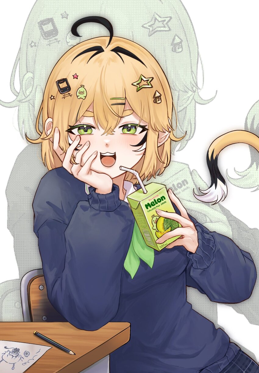 1girl :3 ahoge alternate_costume ascot black_hair blonde_hair blue_skirt blue_sweater desk dooby_(vtuber) green_ascot green_eyes hair_ornament hairclip hand_on_own_cheek hand_on_own_face happy_(yppah1060) highres holding_juice_box indie_virtual_youtuber jerboa_tail kippu_(dooby) long_sleeves multicolored_hair open_mouth paper pencil school_desk shirt short_eyebrows short_hair skirt smile solo star_(symbol) star_hair_ornament streaked_hair sweater teeth upper_teeth_only virtual_youtuber white_hair white_shirt