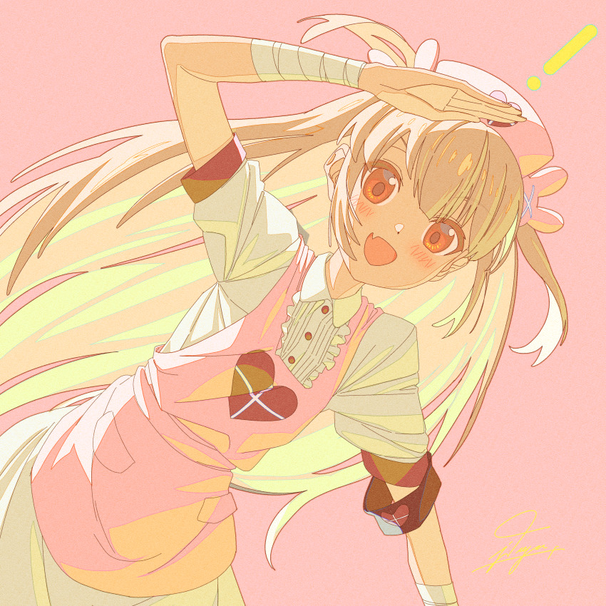! 1girl :d absurdres apron arm_up armband bandaged_wrist bandages blonde_hair brown_eyes center_frills commentary dutch_angle english_commentary fang frills hat heart highres jdge light_blush long_hair looking_at_viewer mixed-language_commentary natori_sana natori_sana_(nurse) nurse_cap open_mouth pink_apron pink_background puffy_short_sleeves puffy_sleeves salute sana_channel short_sleeves simple_background skin_fang smile solo two_side_up very_long_hair virtual_youtuber