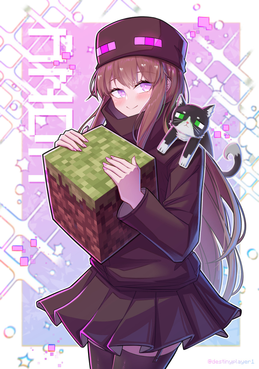 1girl absurdres ander_(at2.) black_skirt black_thighhighs blue_background blush border brown_hair cat closed_mouth commentary cowboy_shot destinyplayer1 enderman english_commentary eyelashes garter_straps gradient_background hat highres long_hair long_sleeves looking_at_viewer minecraft miniskirt mob_talker outside_border personification pleated_skirt purple_background purple_eyes skirt smile solo sparkle standing thighhighs very_long_hair white_border zettai_ryouiki