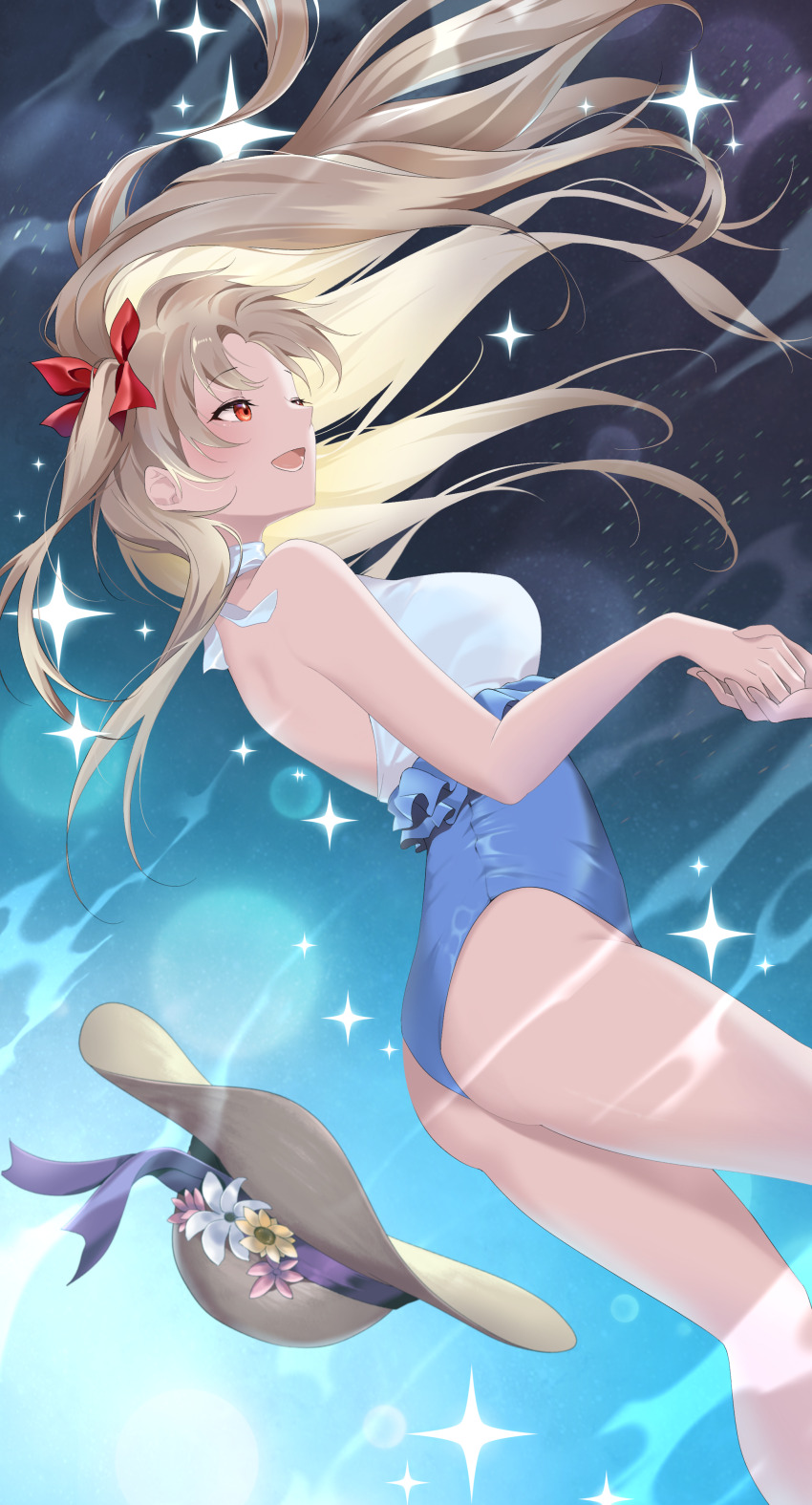 1girl absurdres bare_shoulders blonde_hair blue_one-piece_swimsuit bow breasts ereshkigal_(fate) fate/grand_order fate_(series) hair_bow hat highres holding_hands large_breasts long_hair one-piece_swimsuit open_mouth oxygen_mask_(oxygenmask233) parted_bangs red_eyes smile solo_focus ereshkigal_(swimsuit_beast)_(fate) sun_hat swimsuit thighs two-tone_swimsuit two_side_up white_one-piece_swimsuit