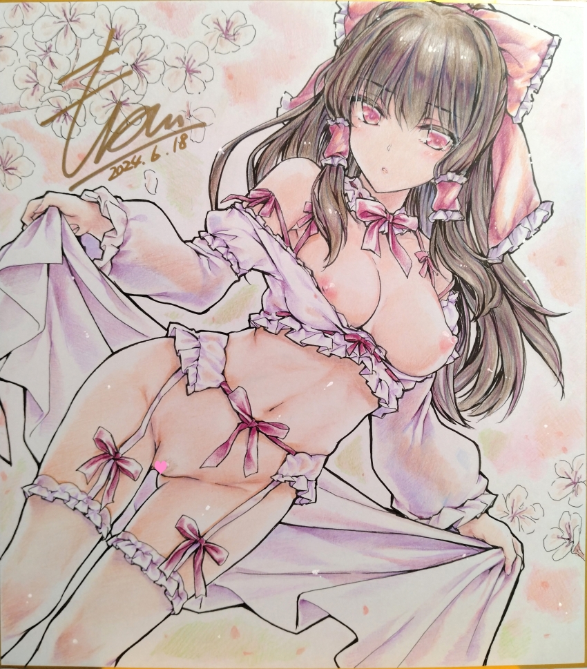 1girl absurdres alternate_costume blush bow bowtie breasts censored cherry_blossoms commentary_request dated female_pubic_hair flower frilled_bow frilled_hair_tubes frilled_thigh_strap frills garter_belt hair_bow hair_tubes hakurei_reimu heart heart_censor highres large_breasts lingerie long_hair long_sleeves looking_at_viewer monety navel nipples open_mouth pink_bow pink_bowtie pink_eyes pink_flower pubic_hair red_bow shikishi signature solo thigh_strap touhou traditional_media underwear