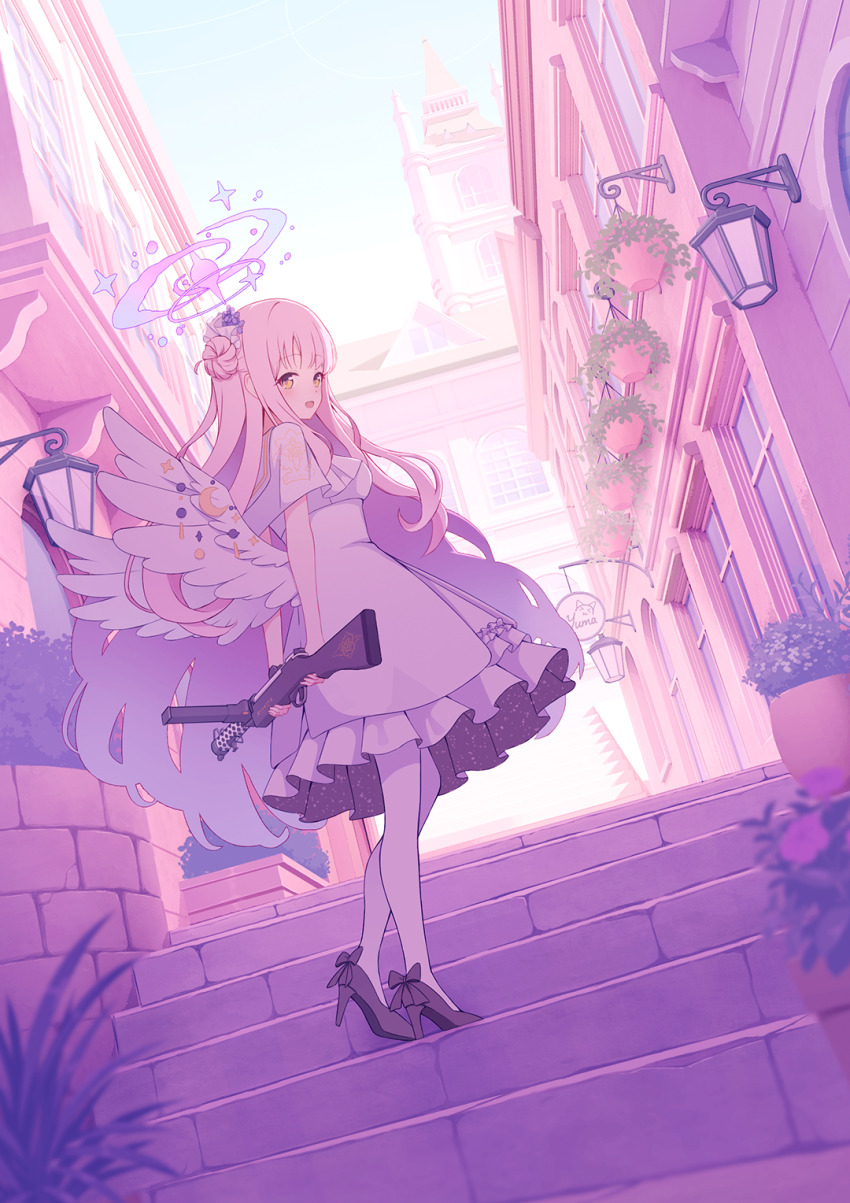 1girl :d arms_behind_back black_footwear blue_archive breasts building capelet dress gun halo hanging_plant high_heels highres holding holding_gun holding_weapon lamp lanchester_smg looking_at_viewer low_wings medium_breasts mika_(blue_archive) on_stairs open_mouth outdoors pantyhose pink_hair pink_theme plant potted_plant sign smile solo stairs submachine_gun weapon white_capelet white_dress white_pantyhose window wings yellow_eyes yuma_(lyq_yume)