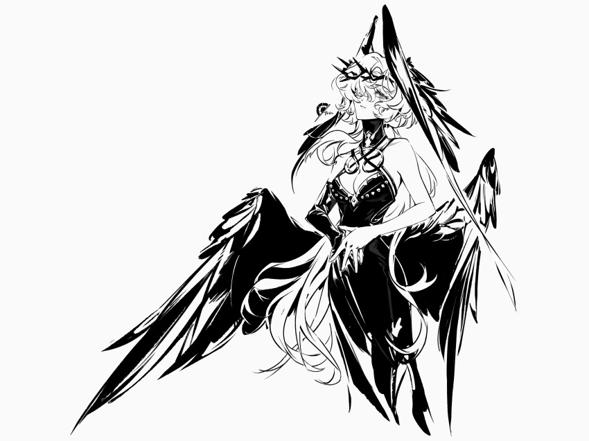 1girl absurdres bare_shoulders breasts cleavage cowboy_shot cropped_legs crown_of_thorns dress druvis_iii druvis_iii_(shrouded_in_thorns) elbow_gloves feathered_wings gloves greyscale hair_over_one_eye head_wings highres long_hair looking_at_viewer low_wings medium_breasts monochrome official_alternate_costume one_eye_covered own_hands_together reverse:1999 single_bare_arm single_elbow_glove sleeveless sleeveless_dress solo steepled_fingers trico very_long_hair white_background wings