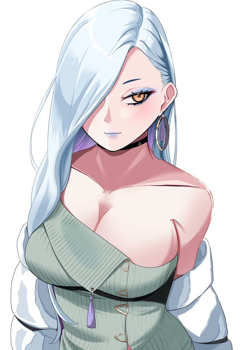 1girl absurdres bare_shoulders blue_lips breasts choker cleavage collarbone dress earrings eyeliner fate/grand_order fate_(series) grey_dress hair_over_one_eye highres hoop_earrings jacket jewelry large_breasts long_hair long_sleeves looking_to_the_side makeup nigori_(keydoor) off_shoulder mrs._snake_(fate) solo sweater sweater_dress tassel white_hair white_jacket yellow_eyes