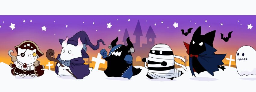 0_0 animal bandaged_arm bandaged_head bandaged_leg bandages bat_(animal) black_cape black_cloak blue_cape bow cape castle cat chibi cloak coffin cross ghost ghost_costume gloves halloween halloween_costume hat highres holding holding_staff horns hoshikui latin_cross mummy_costume no_humans original pirate_hat purple_cape red_bow shoutarou_(shoutarotttt) staff star_(sky) star_(symbol) tombstone white_eyes witch_hat