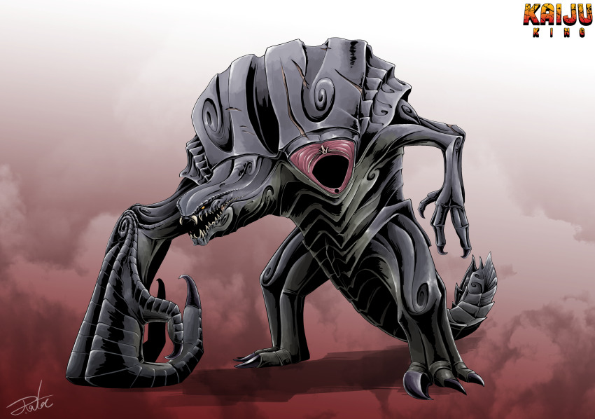 absurdres asymmetrical_arms claws colored_skin english_text fangs fewer_digits godzilla_(series) godzilla_2000:_millennium grey_skin gugenheim98 highres hole_on_body hunchback kaiju monster monster_focus no_humans orga_(godzilla) scar sharp_teeth signature solid_eyes standing tail teeth toho yellow_eyes