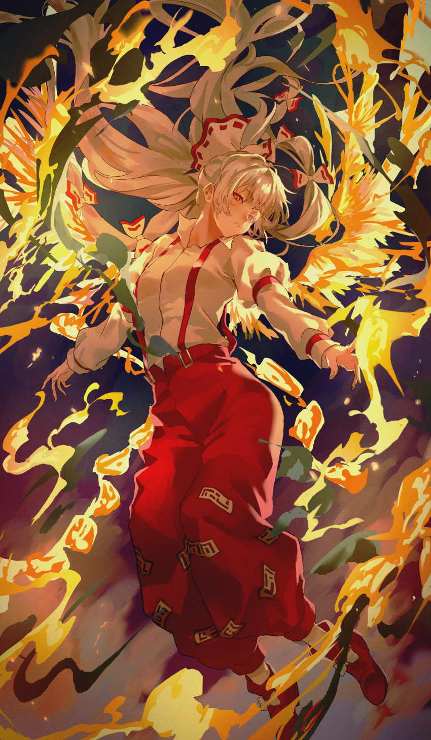 1girl absurdres baggy_pants bow collared_shirt commentary_request dark_background expressionless fiery_wings fire flying fujiwara_no_mokou full_body hair_bow hayaten head_tilt highres long_hair looking_at_viewer ofuda ofuda_on_clothes outstretched_arms pants parted_lips puffy_sleeves pyrokinesis red_eyes red_pants shirt shoes socks solo suspenders touhou two-tone_bow very_long_hair white_bow white_hair white_shirt white_socks wings