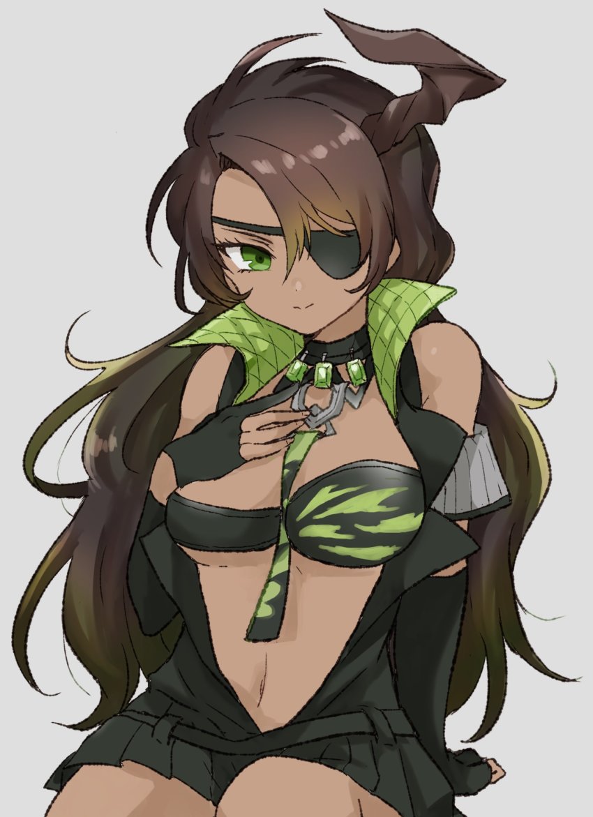 1girl aragami_oga asymmetrical_clothes asymmetrical_gloves between_breasts black_bra black_gloves black_jacket black_necktie bra breasts brown_hair cleavage closed_mouth commentary dark-skinned_female dark_skin demon_horns eyelashes eyepatch fingerless_gloves gem genderswap genderswap_(mtf) gloves gradient_hair green_eyes green_gemstone green_hair green_necktie grey_background hair_between_eyes hand_on_own_chest highres holostars horns jacket jewelry long_hair looking_at_viewer medium_breasts midriff mioto_(tsubsq_m) multicolored_hair navel necklace necktie necktie_between_breasts one_eye_covered open_clothes open_jacket ribbon simple_background single_horn sitting solo two-tone_hair two-tone_neckwear two-tone_ribbon underwear uneven_gloves virtual_youtuber