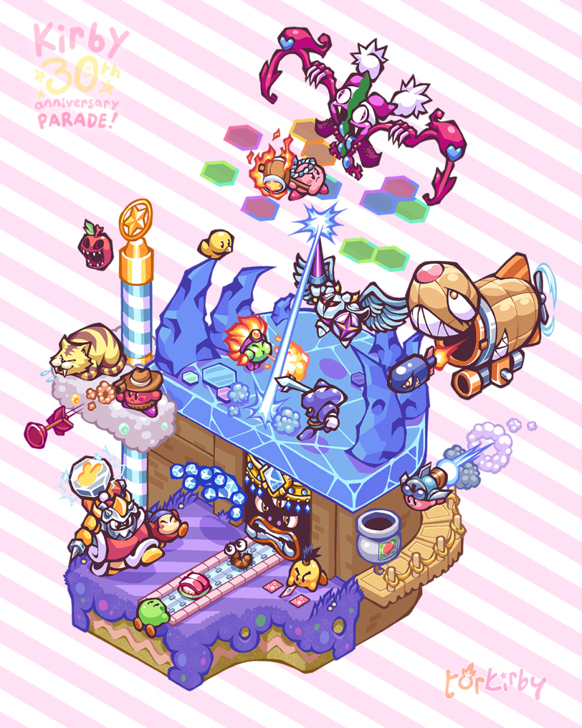 aircraft airship alternate_color anniversary artist_name bandana bandana_waddle_dee black_hair blue_bandana blue_gemstone blush blush_stickers breath_weapon breathing_fire brown_hat burning_leo cannon card character_name claws closed_eyes closed_mouth copy_ability copyright_name cowboy_hat electricity energy_beam extra_eyes fangs fire firing flaming_weapon floating flying fuse galacta_knight galbel gem grass gun hammer hammer_kirby hat headband highres holding holding_card holding_gun holding_hammer holding_polearm holding_shield holding_sword holding_weapon jet_kirby kabula king_dedede kirby kirby_(series) kirby_super_star_ultra marx_(kirby) marx_soul mask masked_dedede missile nintendo nostrils open_mouth plunger pole polearm red_eyes red_lips saliva sharp_teeth shield smile star_(symbol) sword sword_knight teeth torkirby v-shaped_eyebrows weapon wham_bam_jewel wings yellow_eyes