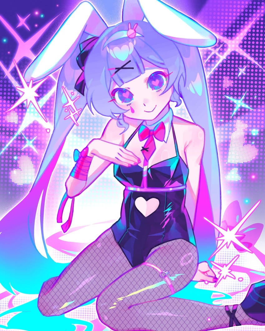 1girl animal_ear_hairband animal_ears aqua_hair black_leotard black_ribbon blue_hair blunt_bangs bow bowtie brown_pantyhose clothing_cutout cutout_above_navel detached_collar fake_animal_ears fishnet_pantyhose fishnets gradient_hair hair_ornament hair_ribbon hairband hairclip halftone halftone_background hatsune_miku head_tilt heart heart-shaped_pupils heart_cutout high_heels highleg highleg_leotard highres iro_(mywife_sunny) leotard looking_at_viewer multicolored_hair neon_palette pantyhose pink_background pink_bow pink_bowtie pink_hair pink_pupils pink_ribbon pink_streaks playboy_bunny purple_background rabbit_ear_hairband rabbit_ears rabbit_hole_(vocaloid) ribbon sidelocks sitting smile solo sparkle sparkle_background strapless strapless_leotard streaked_hair symbol-shaped_pupils teardrop_facial_mark two-tone_hair vocaloid wariza wavy_bangs white_hairband wrist_ribbon x_hair_ornament