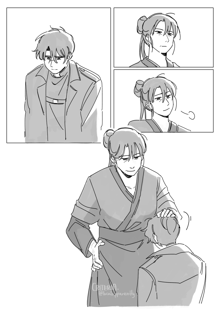 1boy 1girl absurdres breath coat criteria hair_bun hand_on_own_hip head_tilt headpat height_difference highres motion_lines namgung_minyoung omniscient_reader&#039;s_viewpoint open_clothes open_coat popped_collar robe smile teacher_and_student yoo_joonghyuk