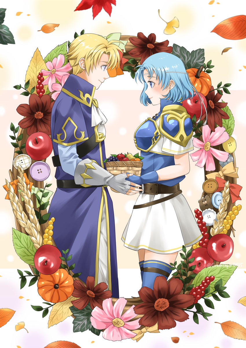 1boy 1girl absurdres apple armor ascot autumn_leaves belt blonde_hair blue_gloves blue_hair breastplate brown_flower circlet closed_mouth commentary_request fingerless_gloves fire_emblem fire_emblem:_the_binding_blade flower food fruit fruit_basket gloves gold_trim highres klein_(fire_emblem) leaf midori_no_baku nintendo short_hair shoulder_armor thea_(fire_emblem) white_ascot white_gloves