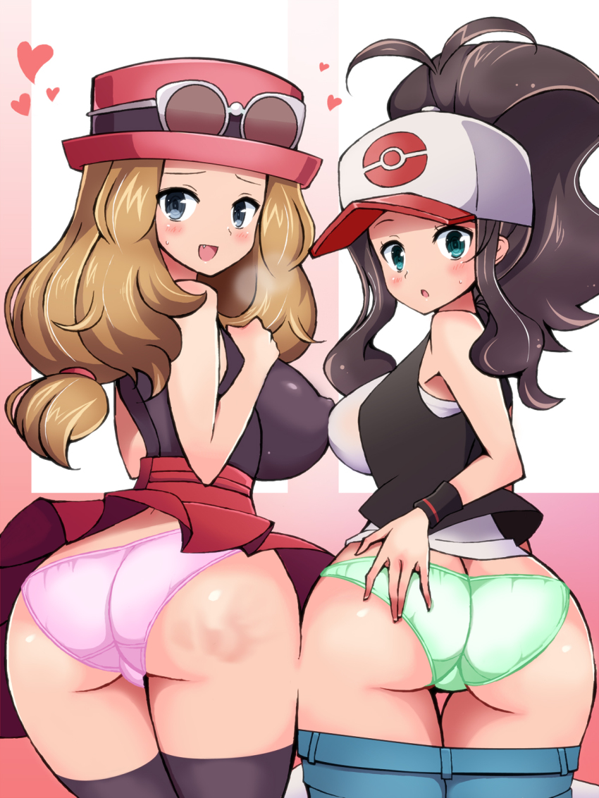 10s 2girls alternate_breast_size aqua_eyes ass asymmetrical_docking bare_shoulders baseball_cap black_shirt black_thighhighs blonde_hair blue_eyes blush breast_press breasts brown_hair butt_crack chro_(rulurullu) clothes_lift clothes_pull covered_erect_nipples curvy denim denim_shorts eyewear_on_head fang female_focus from_behind green_panties hat heart high_ponytail highres hilda_(pokemon) hip_focus huge_ass huge_breasts impossible_clothes impossible_shirt injury large_breasts long_hair looking_at_viewer looking_back low-tied_long_hair miniskirt multiple_girls narrow_waist nintendo open_mouth panties pink_panties pleated_skirt pokemon pokemon_bw pokemon_xy ponytail porkpie_hat red_skirt serena_(pokemon) shirt shorts shorts_pull skirt skirt_lift slap_mark sleeveless sleeveless_shirt smile spanked sunglasses sunglasses_on_hat thighhighs trefoil underwear upskirt vest wide_hips wristband