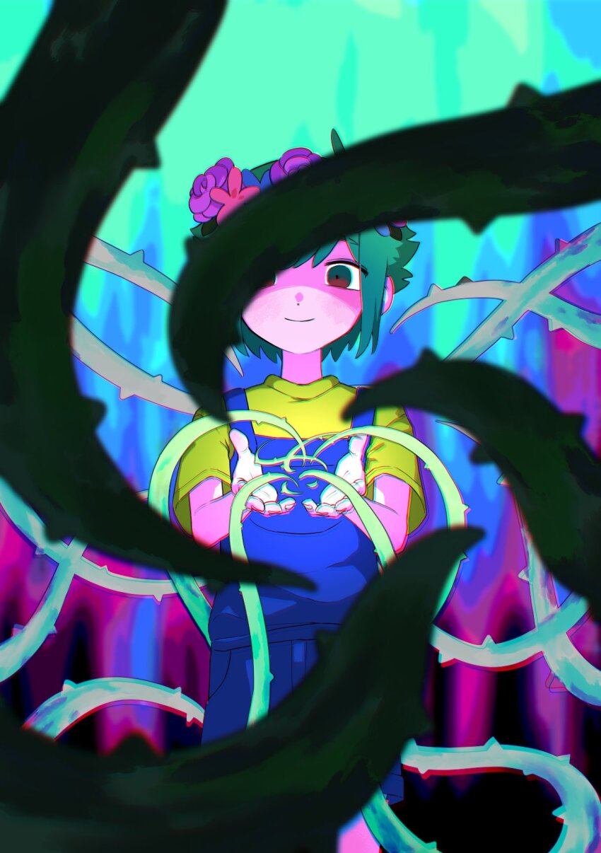 1boy basil_(headspace)_(omori) basil_(omori) blue_overalls closed_mouth flower green_hair green_shirt head_wreath highres male_focus miranosub omori overall_shorts overalls red_eyes shirt short_hair smile solo t-shirt