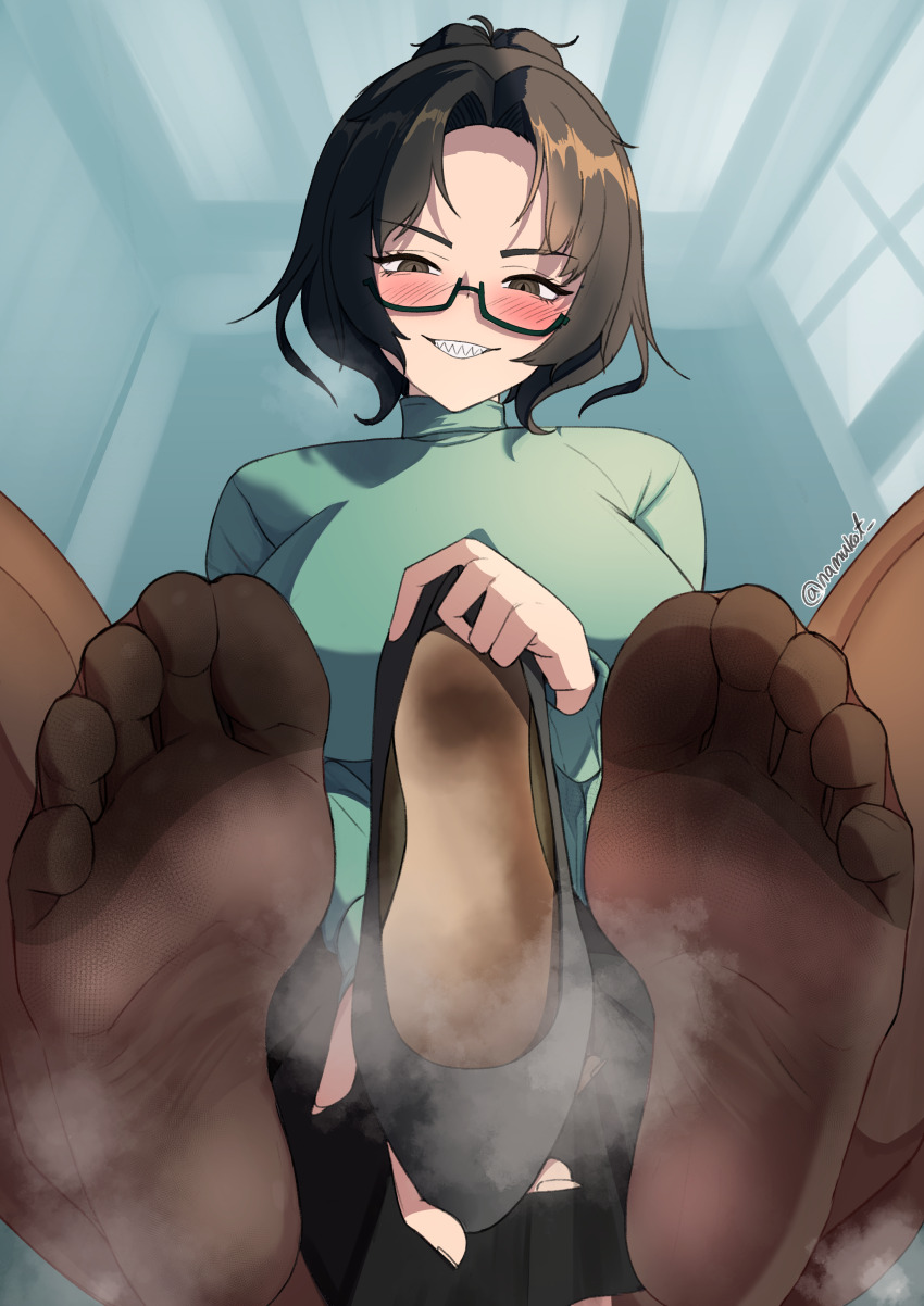 1girl absurdres ana_xenakis black_hair blush feet foot_focus glasses grin highres long_hair looking_at_viewer namukot original pantyhose sharp_teeth shoes single_shoe smile soles steam teeth toes unworn_shoes